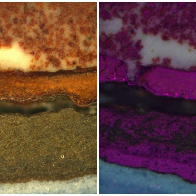 Metallographisches Schliffbild mit in Rotrost eingebetteten Kupferpartikeln; Vergr.: 100:1, DF, POL